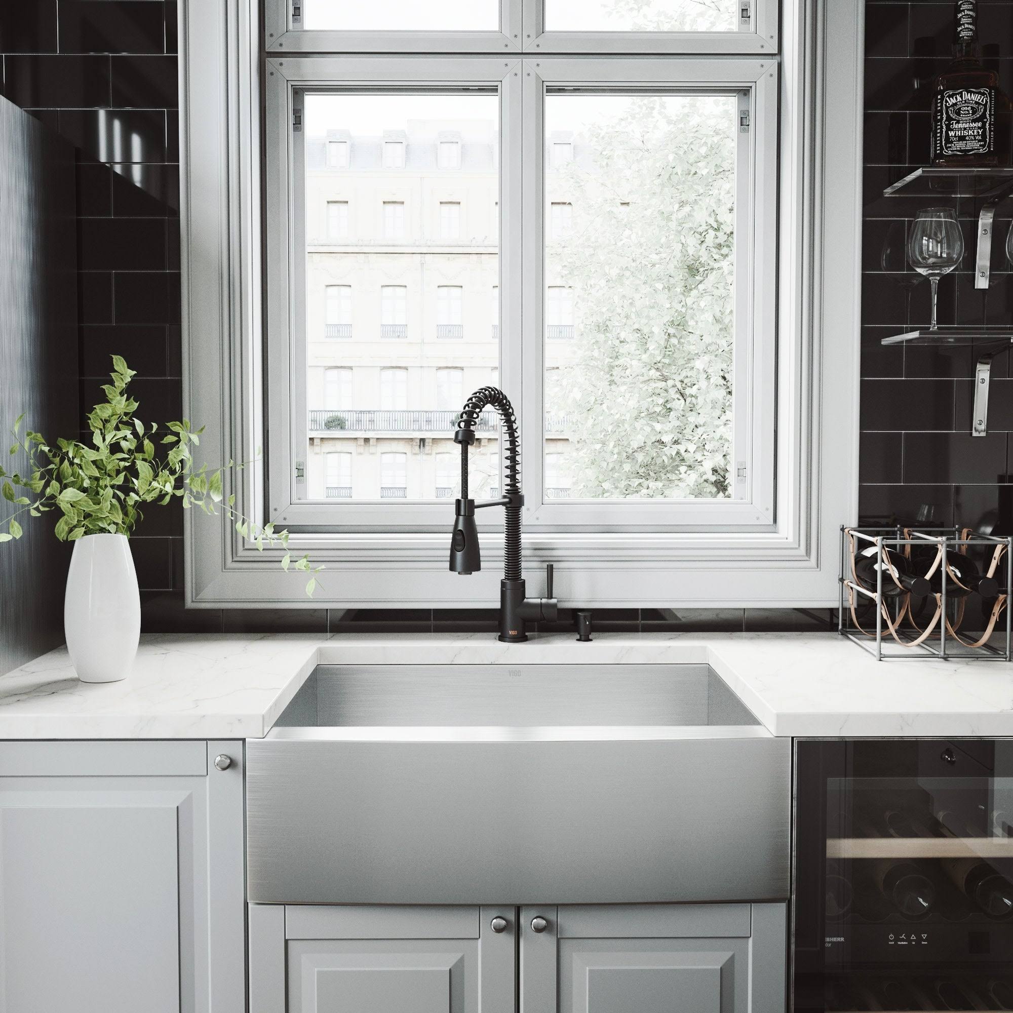 Vigo VG15732 All-in-One 30x22 Camden Stainless Steel Farmhouse Apron Kitchen Sink Set with Brant Faucet in Matte Black Grid STRA