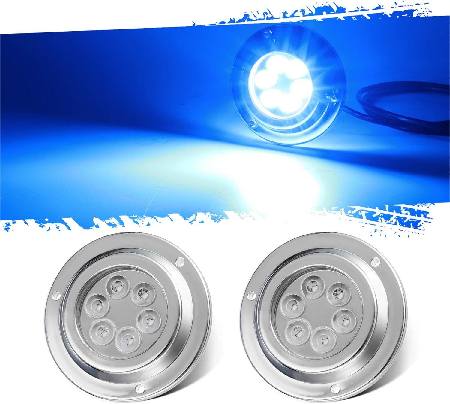 Partsam 2Pcs LED Stainless Steel Marine Underwater Lights Boat Transom Fishing Squid Lights 6LED Surface Mount Pack of 2