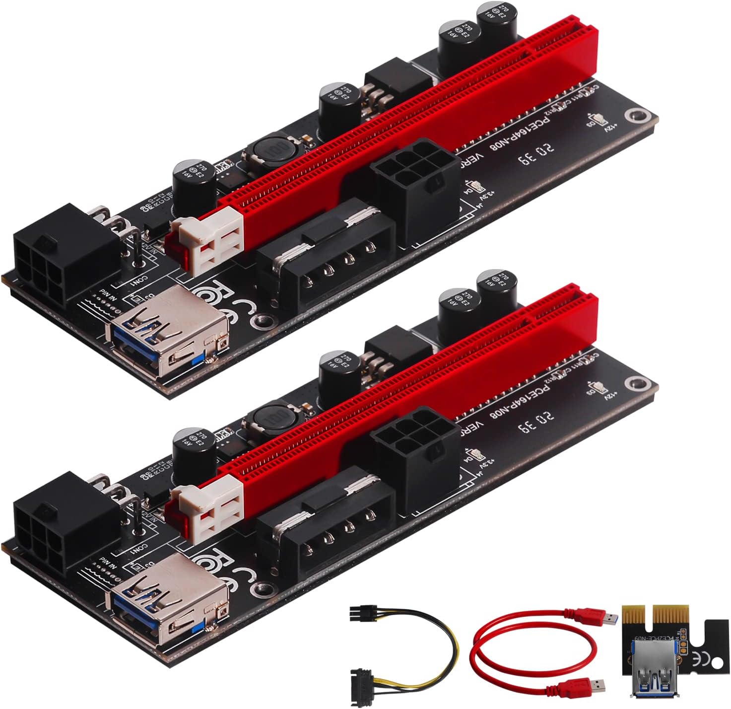 PCI-E Riser for BTC,LTC,ETH,Mining Dedicated Graphics Card Extension,1X to 16X,4pcs FP Solid capacitors,Maximum 16A Power Supply Capacity,3 LED,Gold-Plated USB 3.0 Cable(VER009S-2 PCS) Pack of 2