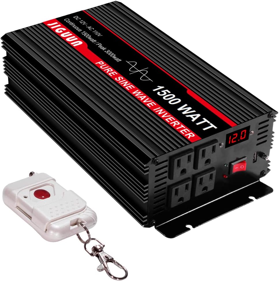JIGUUN Pure Sine Wave Inverter 1500 Watt DC 12V to AC 120V Power Inverter with LCD, Car Inverter with 4 AC Outlets&USB Output, Power Converter with 170ft Wireless control for CPAP RV Home. (1500W-12V)