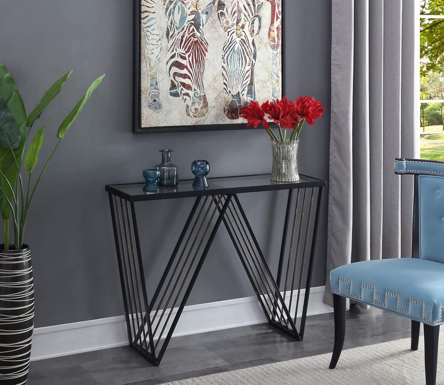 Convenience Concepts Venus Console Table, Glass Top / Antique Black Frame