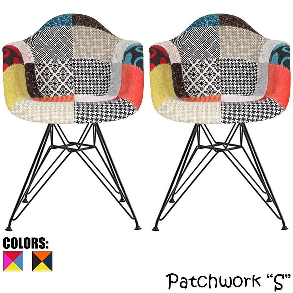 Set of 2 Textured Patchwork Fabric Sam Black Wire Dining Chair - Patchwork Sam - Dining Height