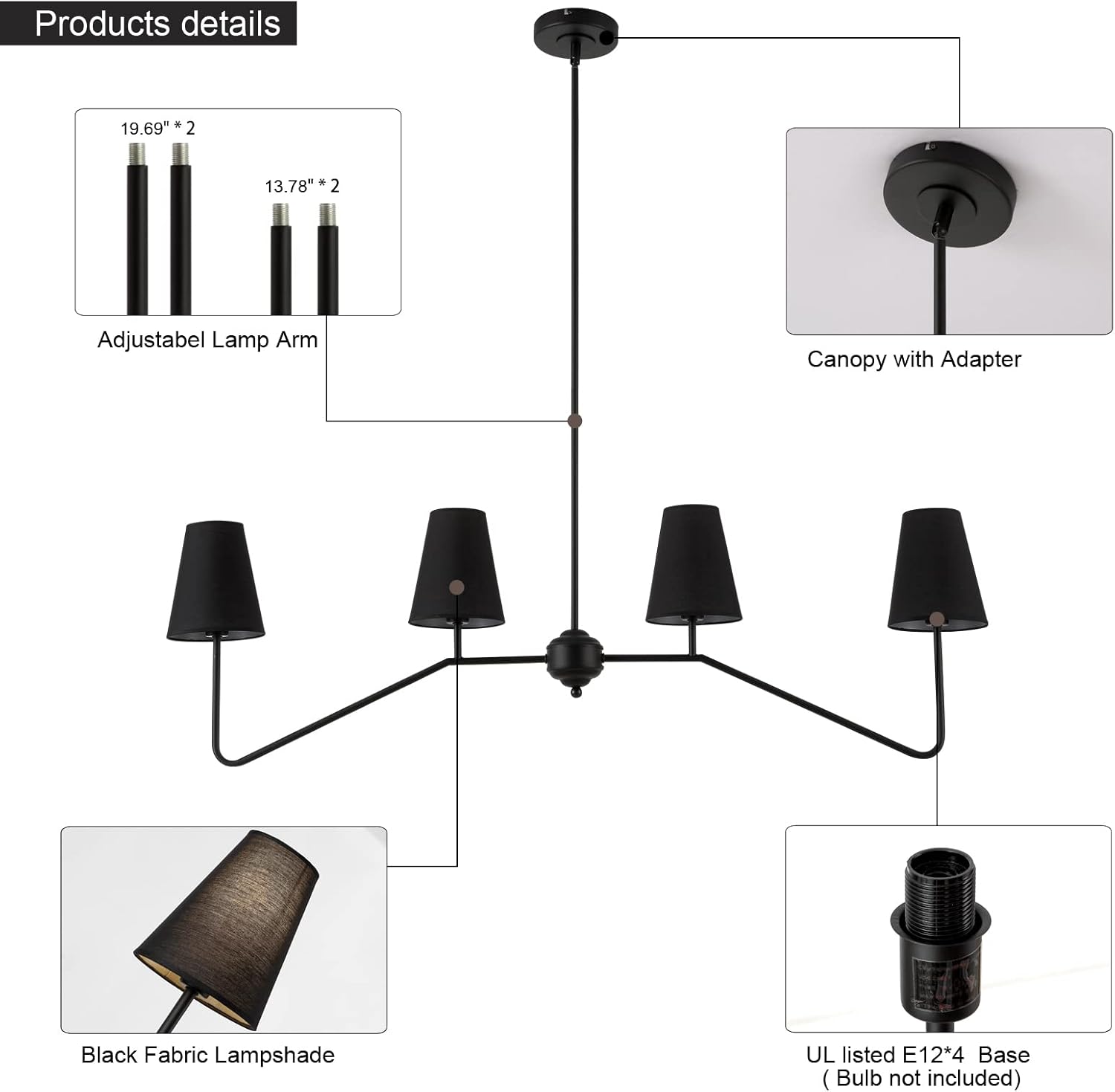 Black Linear Chandelier, Modern 4 Light Linear Chandelier Lighting with Fabric Shade , Rustic Island Light Fixture for Kitchen , Dining Room(46 inch)