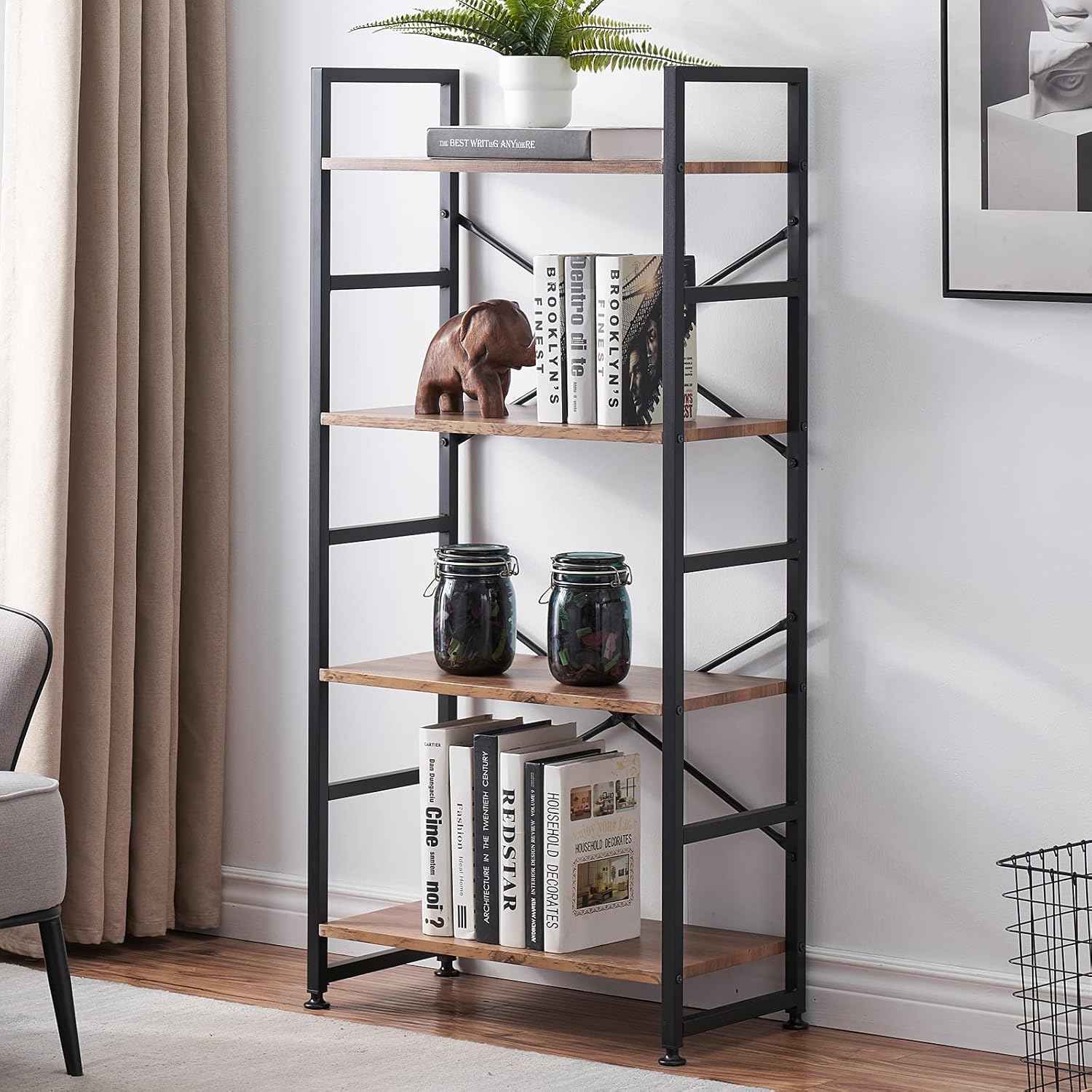 Industrial 4 Tier Bookshelf, Wood Etagere Bookshelves and Bookcase with Metal Frame, Rustic Standing Unit Shelf Display Rack for Living Room/Home Office, Vintage Brown