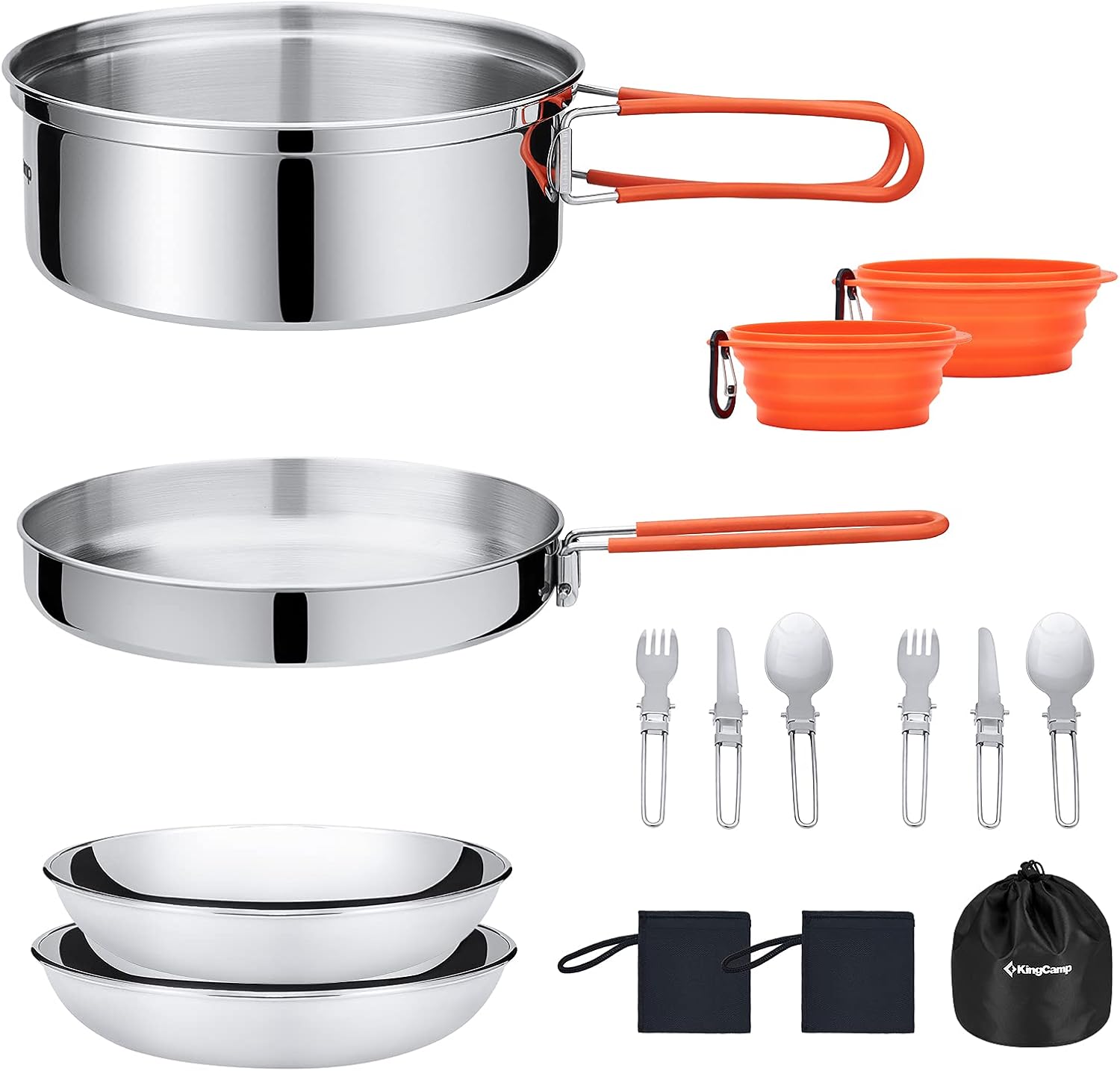 KingCamp 17/25pcs Stainless Steel Camping Cookware Mess Kit Camping Cooking Set Backpacking Gear Lightweight Pots and Pans Set with Folding Knife Fork for Camping Hiking Picnic