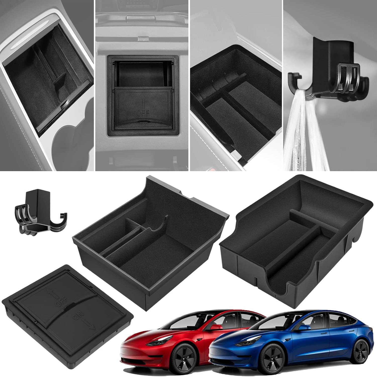 (Upgrade) 3PCS Center Console Organizer Tray Flocked Armrest Organizer Hidden Cubby Drawer Storage Box & 1PCS Trunk Hook Fit for 2021 2022 Tesla Model 3 Model Y Interior Accessories Pack of 2