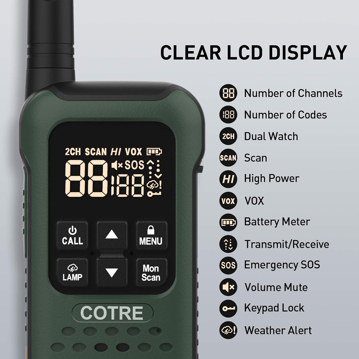 Walkie Talkies - COTRE Two Way Radios for Adults, 2W, 5 Miles Suburban Transmission Distance USB Rechargeable Walkie Talkies/ 2662 Channels, IP67 Waterproof, SOS & VOX, Army Green (2 Pack, Old) Pack of 2