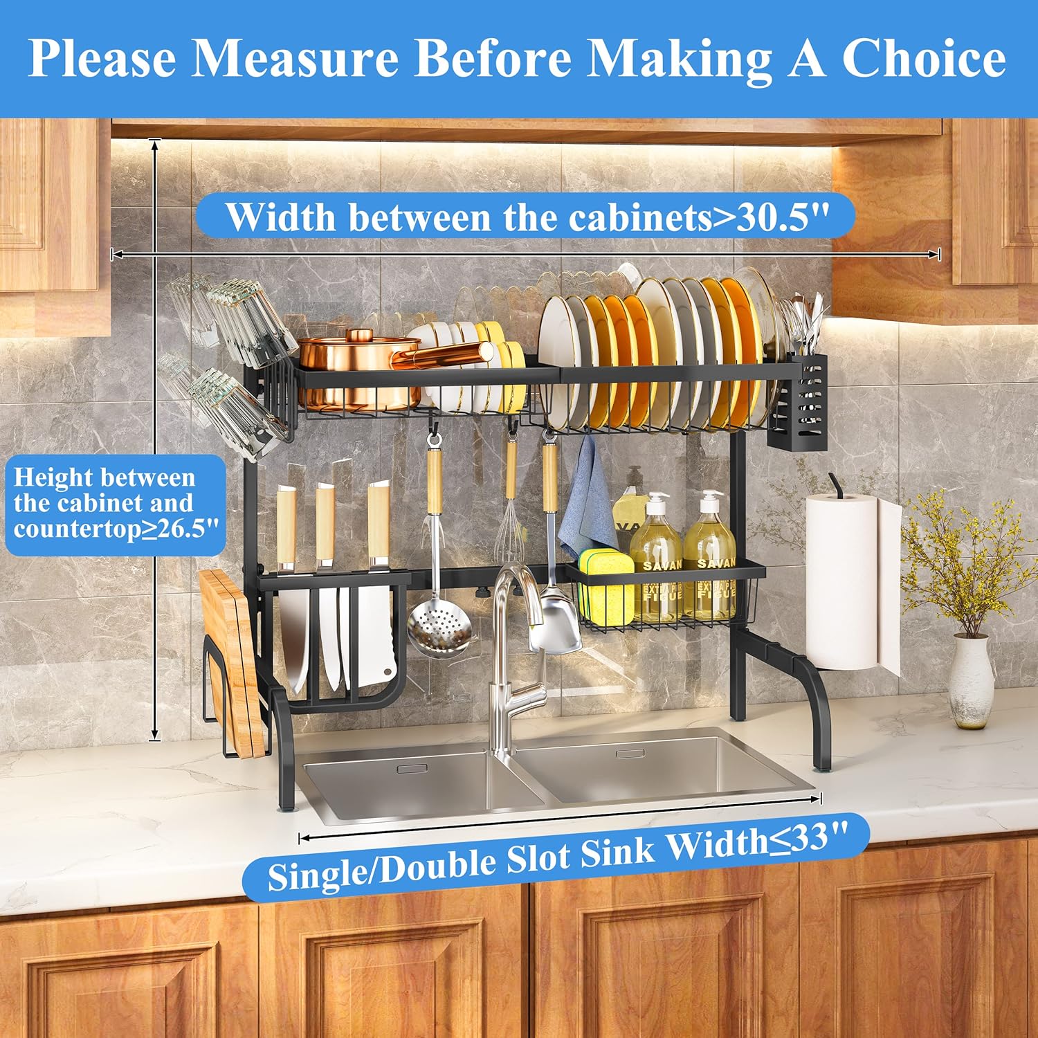 Over The Sink Dish Drying Rack Adjustable (33.94&rdquo;- 40.94&rdquo;), Joly Home 2 Tier Length Expandable Large Dish Drying Rack, Stainless Steel Dish Rack for Kitchen Counter with 5 Utility Hooks