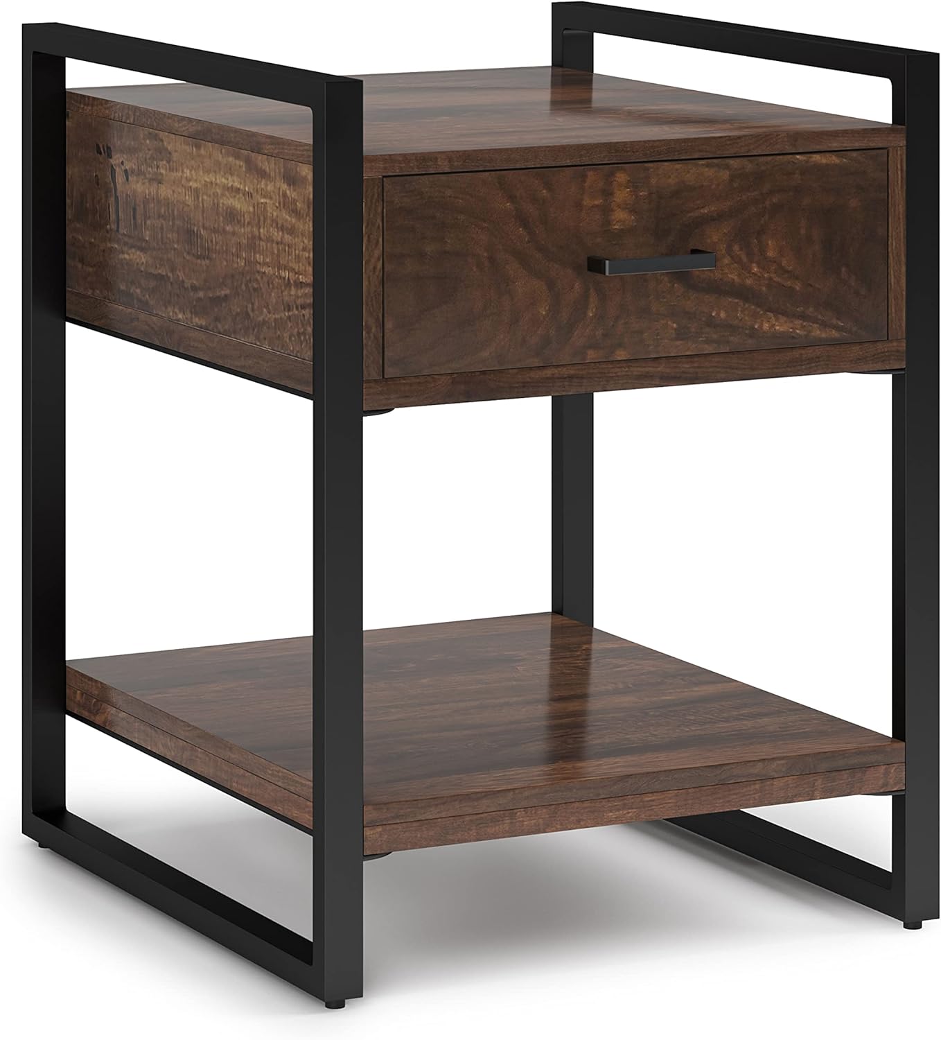 SIMPLIHOME Riverside SOLID MANGO WOOD and Metal 20 inch Wide Rectangle Modern Industrial End Side Table in Dark Cognac Brown, for the Living Room and Bedroom