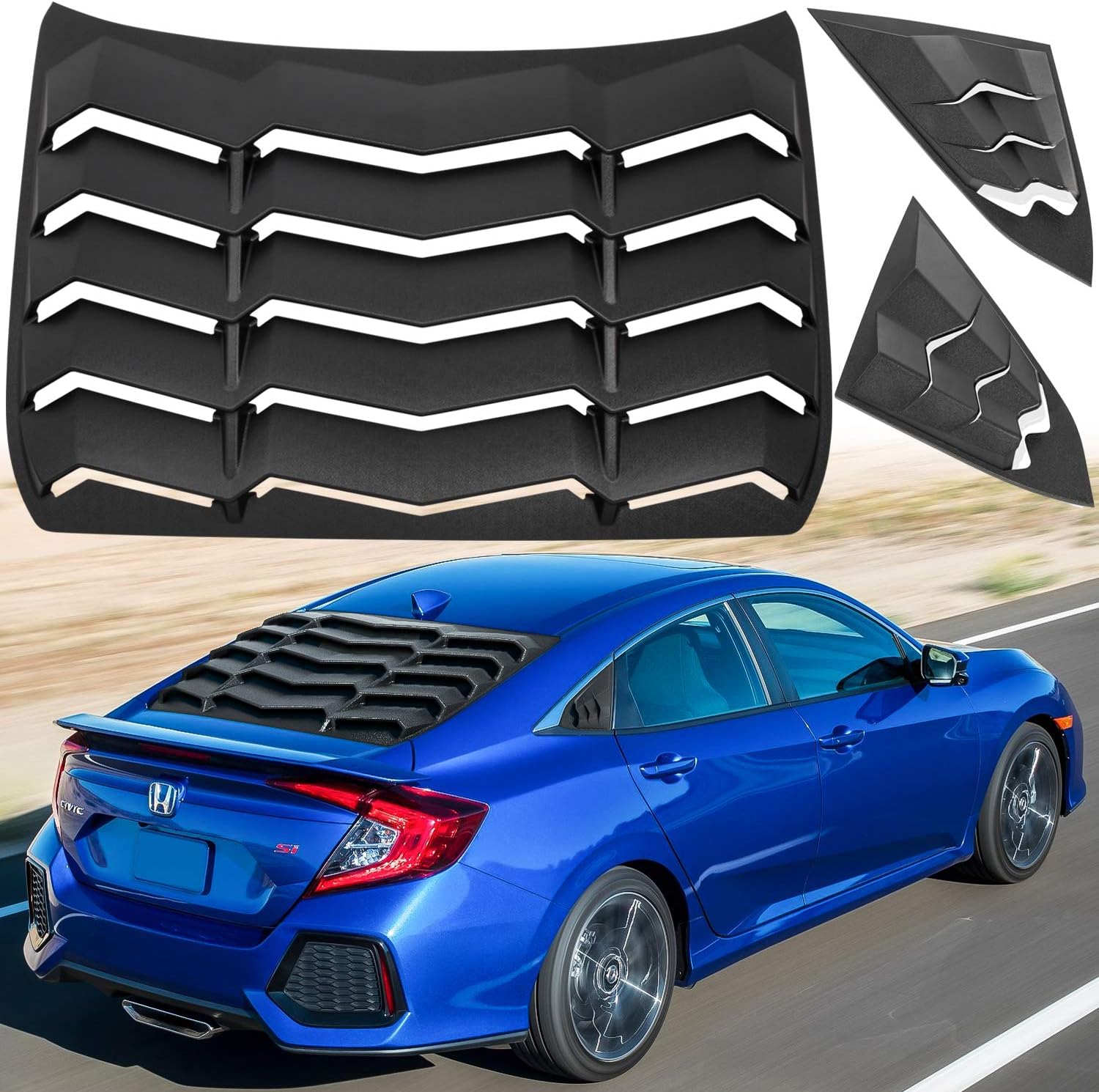 Bonbo Rear + Side Window Louver Windshield Sun Shade Cover ABS Fits for Honda Civic Sedan 4 Door 2016-2020 in GT Lambo Style Custom Fit (Matte Black)