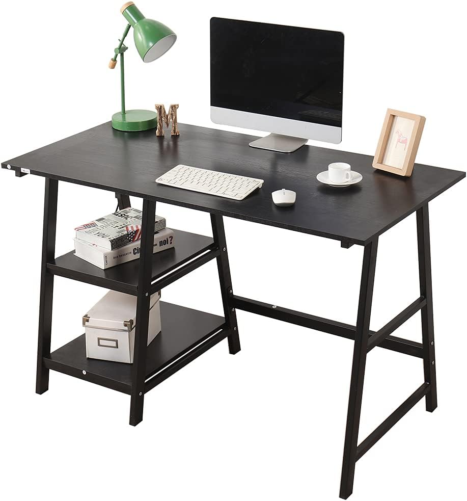 Soges 55 inches Computer Desk Trestle Desk Writing Home Office Desk Hutch Workstation with Shelf Storage Desk, Black CS-Tplus-140BK-N