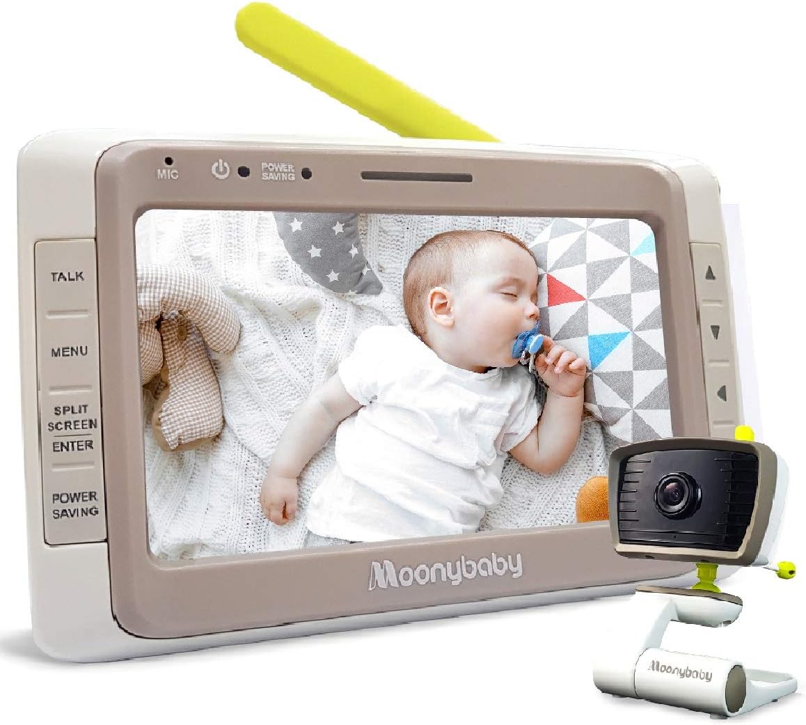 Moonybaby WideView 50 Baby Monitor with Camera and Audio, No WiFi, 5 Inches Large Display, Split Screen, Auto Night Vision, Zoom, Sound Activated, Temperature Alert, 2-Way Talk, Lullaby, 1000ft Range