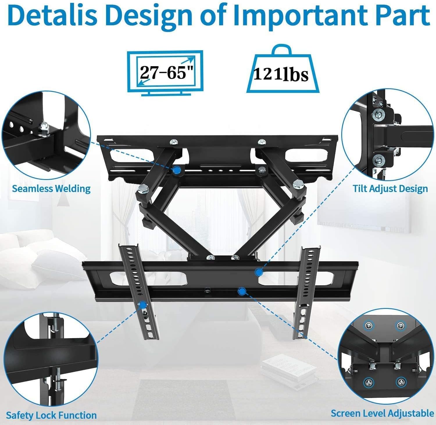 Full Motion TV Wall Mount with Height Setting, JUSTSTONE TV Bracket Fits Most 27-65 Inch LED Flat&Curved TVs,Articulating Swivel Tilt Dual Arms Extension Max VESA 400x400mm and Holds up to 121 LBS Pack of 2