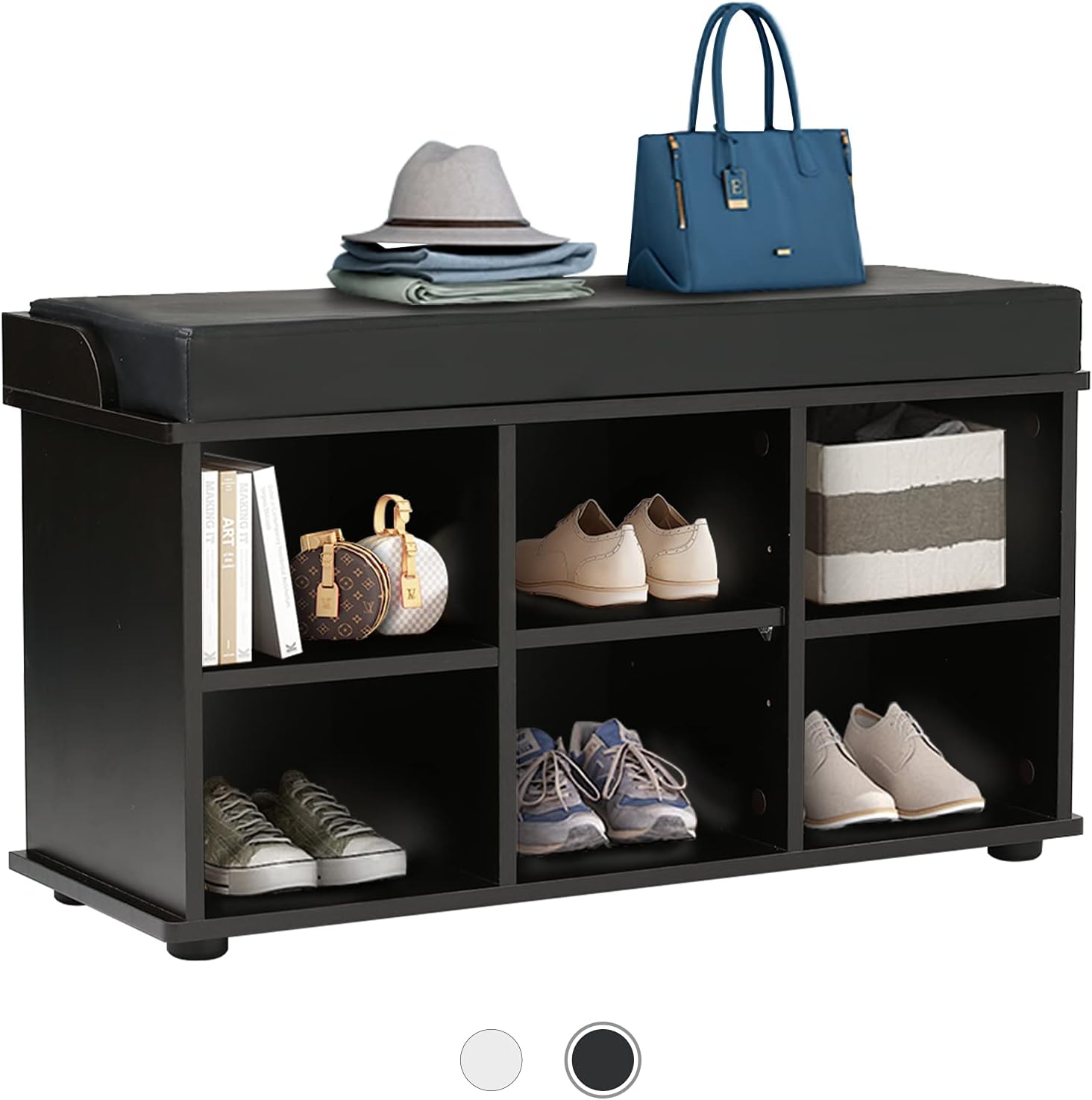 DASROOM Shoe Storage Bench with Cushions Entryway Shoe Rack Bench, Adjustable Shelves, 6-Cubbies Shoes Cabinet Bench for Entryway, Hallway, Bedroom, Living Room, Closet (White)