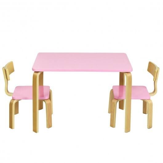 Costway 3 Piece Kids Wooden Activity Table and 2 Chairs Set-Pink