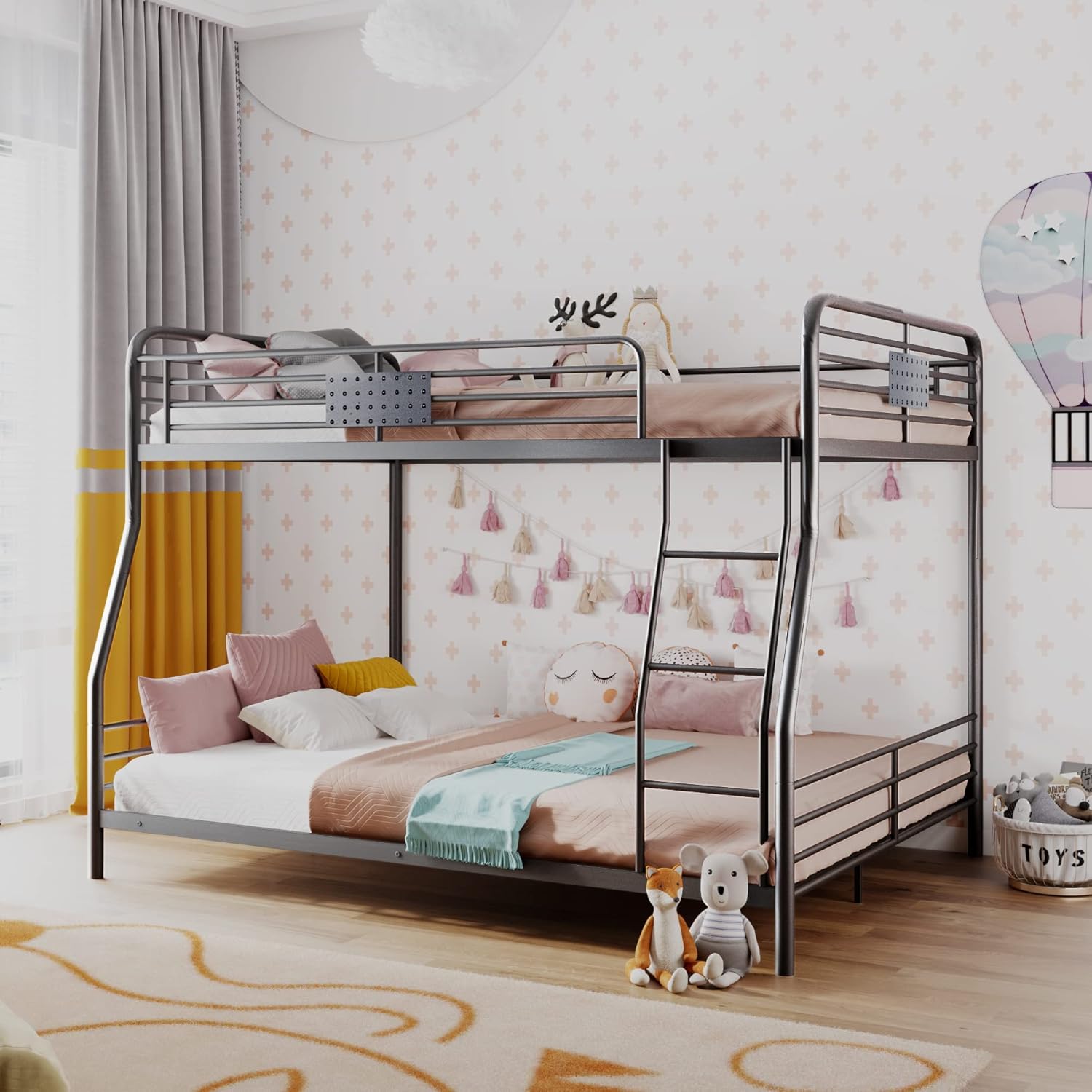 Twin Over Twin Metal Bunk Bed with Removable Ladder, Heavy Duty Bed Frame with Safety Guard Rails for Kids Teens Adults, Black