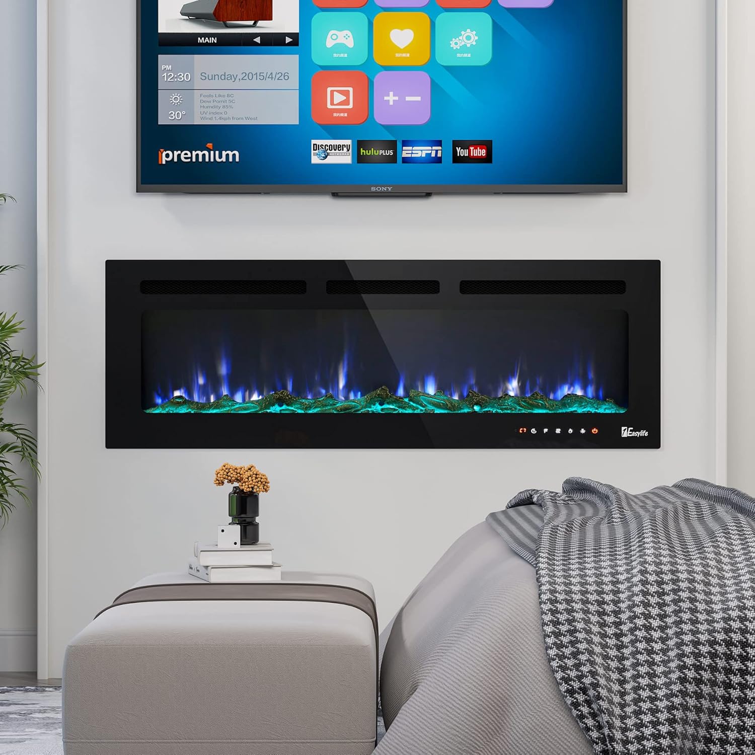 50'' Electric Fireplace Recessed and Wall Mounted, 1Easylife Fireplace Heater with Adjustable 12 Flame Color and Speed, 8 Hours Timer, 750/1500W Control by Touch Panel & Remote (50 inch)
