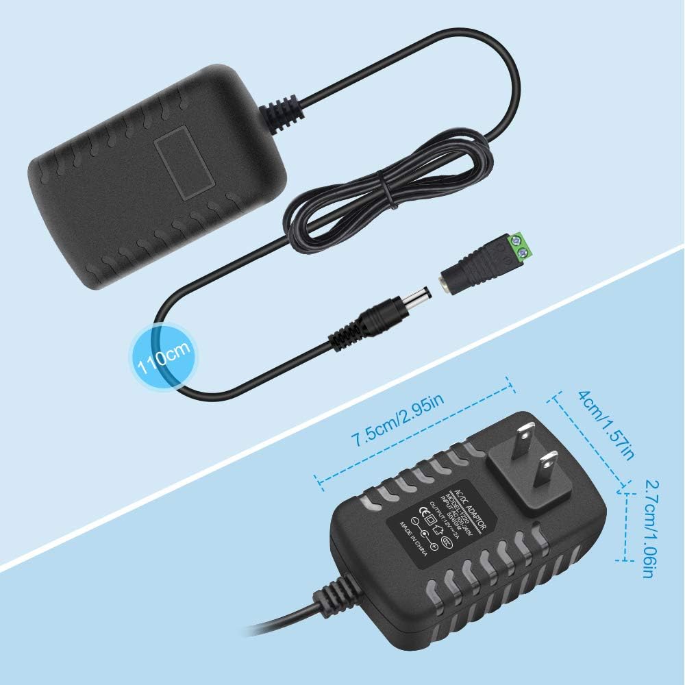 12V 2A 24W LED Strip Power Supply, Wall Mounted AC 100-240V to 12V DC Power Adapter, Switching Transformer with 5.5/2.1 DC Female Barrel Connector to Screw Adaptor for Low Voltage Devices