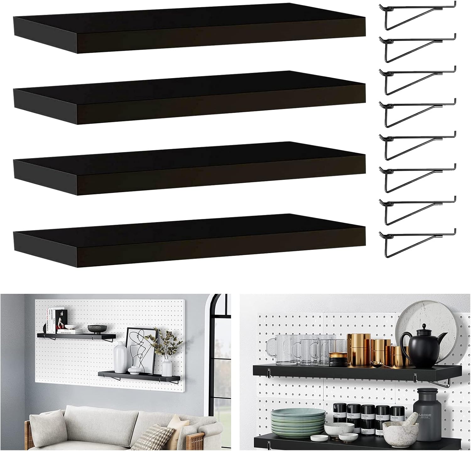 Black Pegboard Shelf Set, 4 Black Wooden Pegboard Shelves and 8 Metal Pegboard Hooks, Pegboard Accessories for Craft Room, Home,Garage,Nursery,Workbench and Kitchen