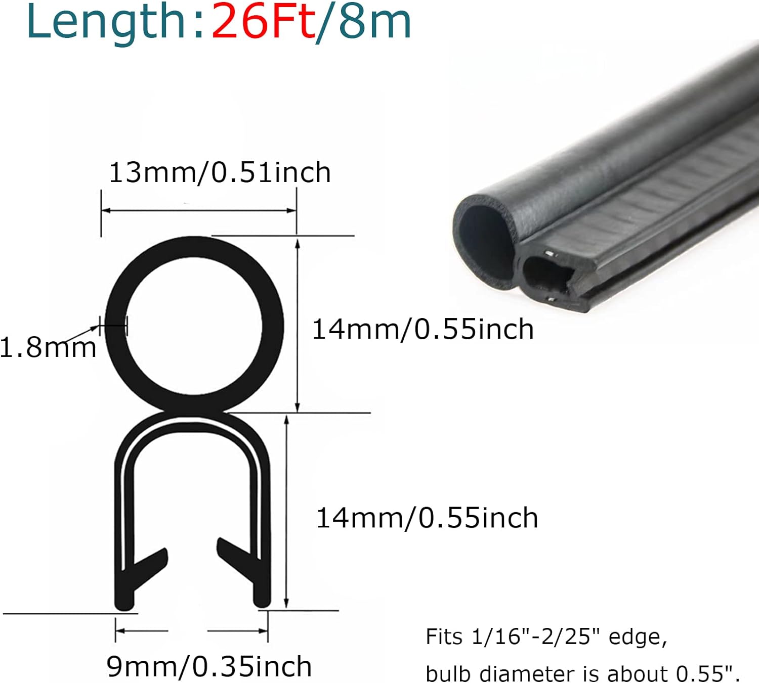 Tintvent Car Door Rubber Seal Strip with Top Bulb(26Ft), Automotive Weather Stripping Soundproofing Edge Guard Trim for Cars, Trucks, Boats, and Home Applications Pack of 2