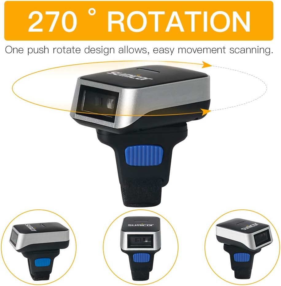 Sumicor 1D Wireless Bluetooth Ring Finger Barcode Scanner,Portable Wearable Mini Bar Code Reader Versatile 3-in-1 Work with Widows iOS Android Linux Mac OS,Support scan 1D Codes on Screen - Black