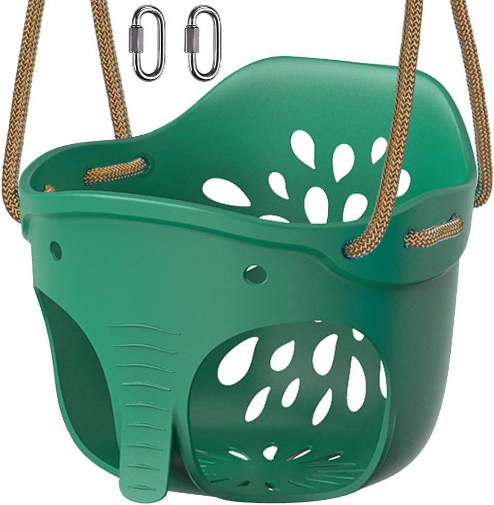 Dolibest High Back Full Bucket Toddler Swing Seat with Adjustable Rope, Cute Elephant Playground Swing Set Accessories Replacement, 600LB Weight Limit, 2 Carabiners, Green Pack of 2