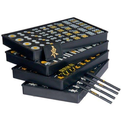 Japanese Riichi Mahjong Set with Black Tiles Yellow Mountain Imports