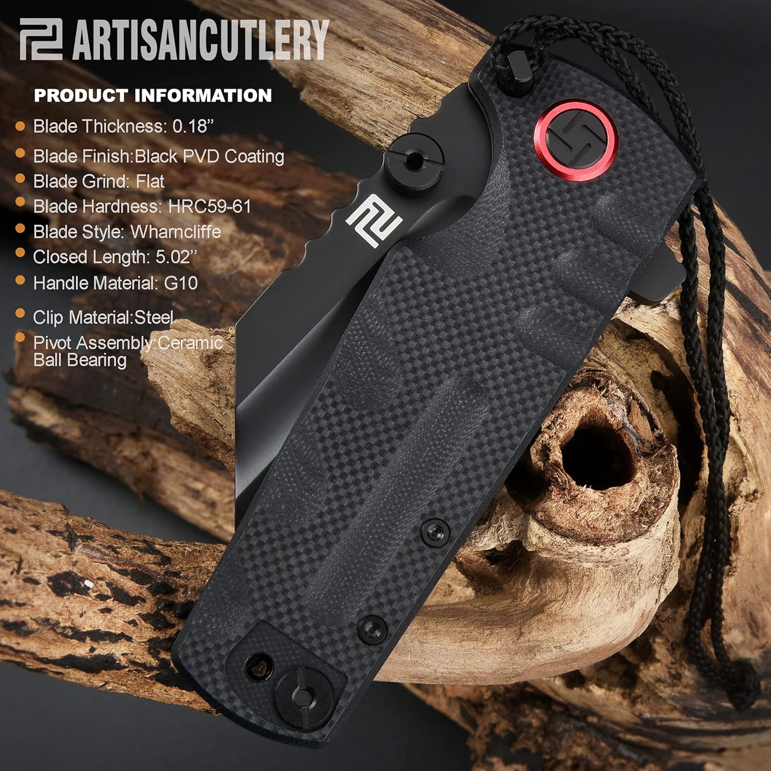 ARTISANCUTLERY Tactical Knife Proponent (1820P) D2 Steel Black PVD Blade Black G10 Handle Pocket Knife Folding Knife EDC Knife