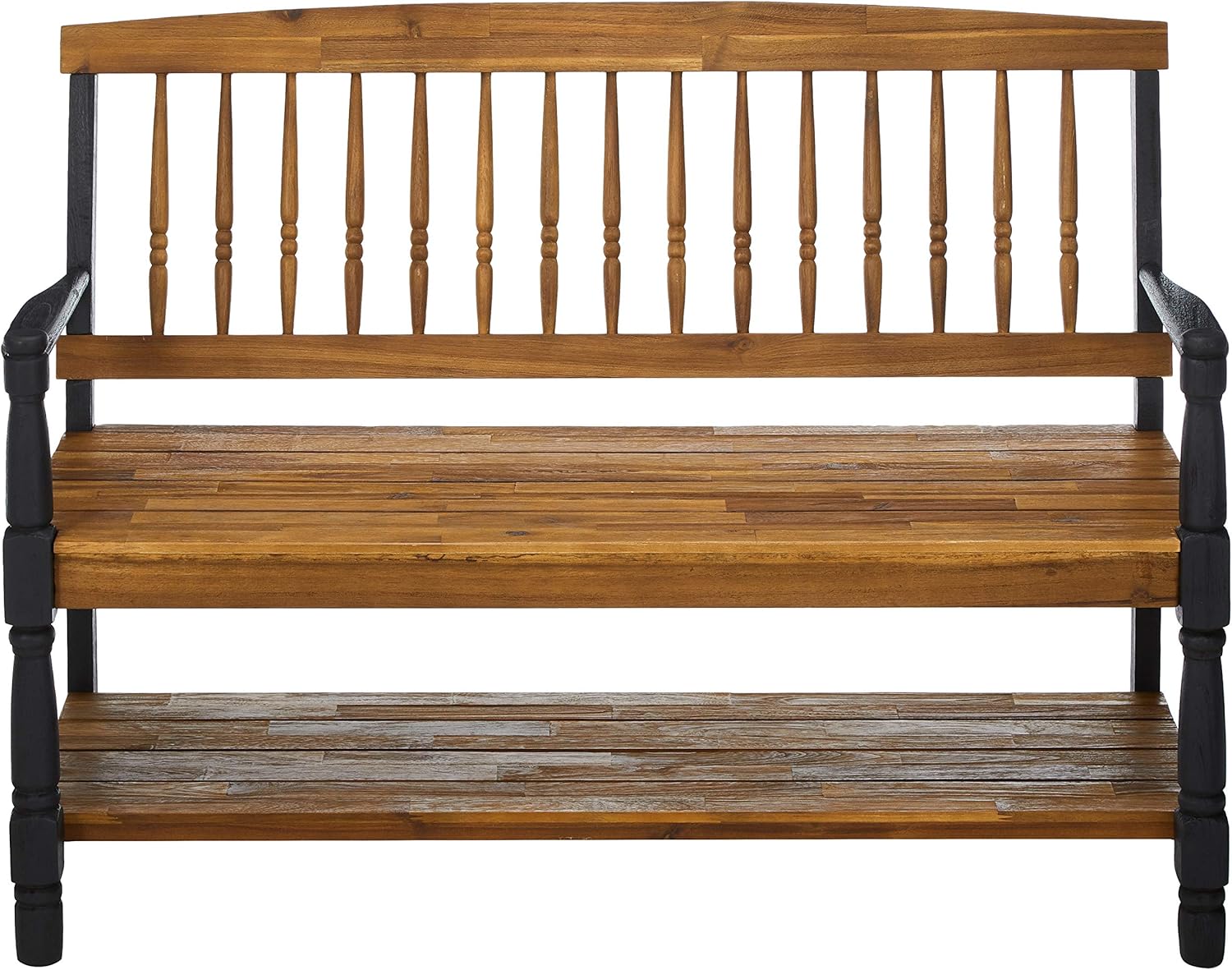 Christopher Knight Home Eddie Indoor Farmhouse Acacia Wood Bench with Shelf, Teak and Black Finish