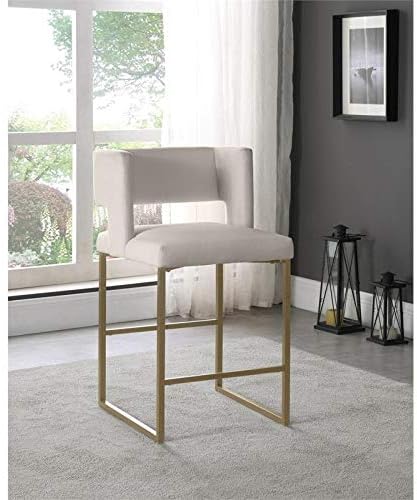 Meridian Furniture Caleb Collection Modern | Contemporary Counter Height Stool with Unique Square Back and Sturdy Iron Legs, Set of 2 Cream Velvet, 19.5