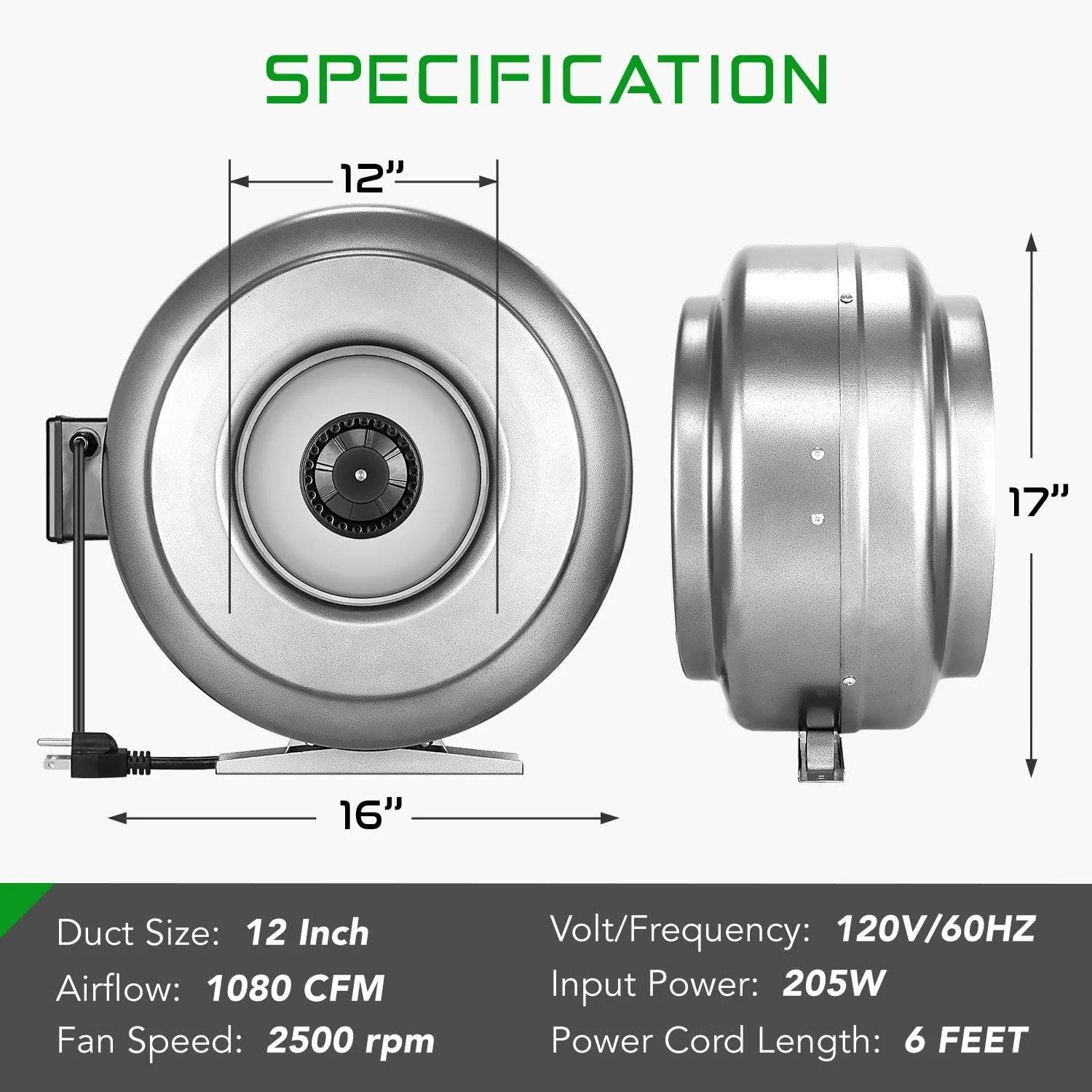 iPower 1080 CFM Inline Duct VENTILATION HVAC Vent Blower Fan for Grow Tent, 12 inch, Silver
