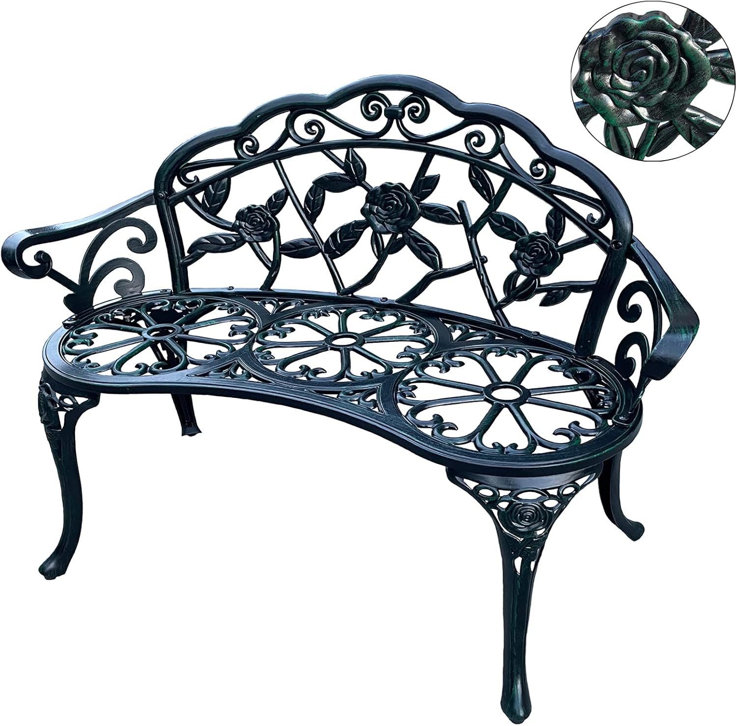 Outdoor Bench Park Garden Bench, All Chair Anti Rust Cast Aluminum Patio Yard Bench Carved Rose Loveseat Bench for Backyard, Porch, Balcony, Lawn (Copper)