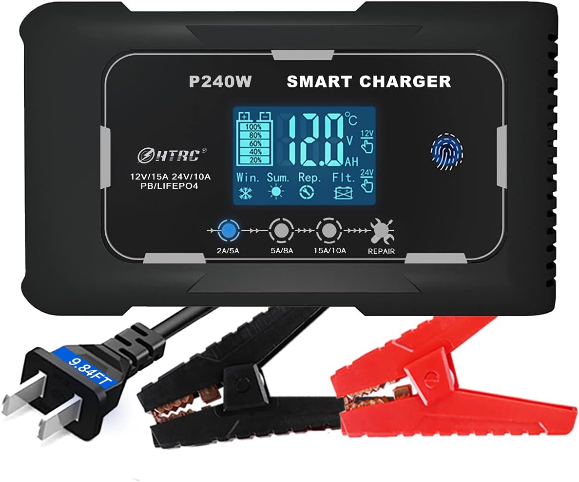 lifepo4 charger 15-Amp Fully-Automatic Smart Charger,12V and 24V Battery Charger,12V/15A 24V/10A Lead-Acid(AGM/Gel/SLA)/LlFEPO4 Trickle Charger,Pulse Repair Charger Pack for Car,LCD,Battery Desulfator Pack of 2