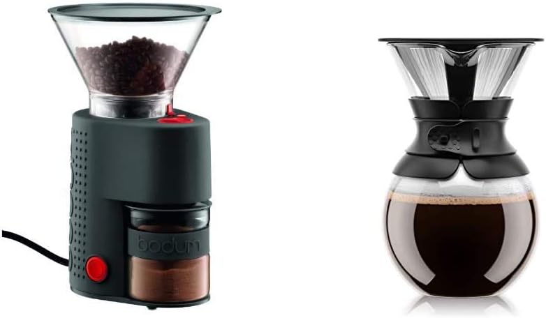 Bodum Bistro Burr Grinder, Electronic Coffee Grinder with Continuously Adjustable Grind, Black & Pour Over Coffee Maker with Permanent Filter, 1 Liter, 34 Ounce, Black Band