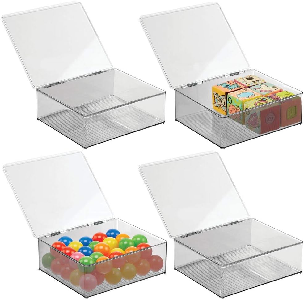 mDesign Plastic Stacking Organizer Toy Box with Attached Lid for Storage of Action Figures, Crayons, Markers, Building Blocks, Puzzles, Craft or School Supplies, 4 Pack - Clear/Smoke Gray Pack of 2