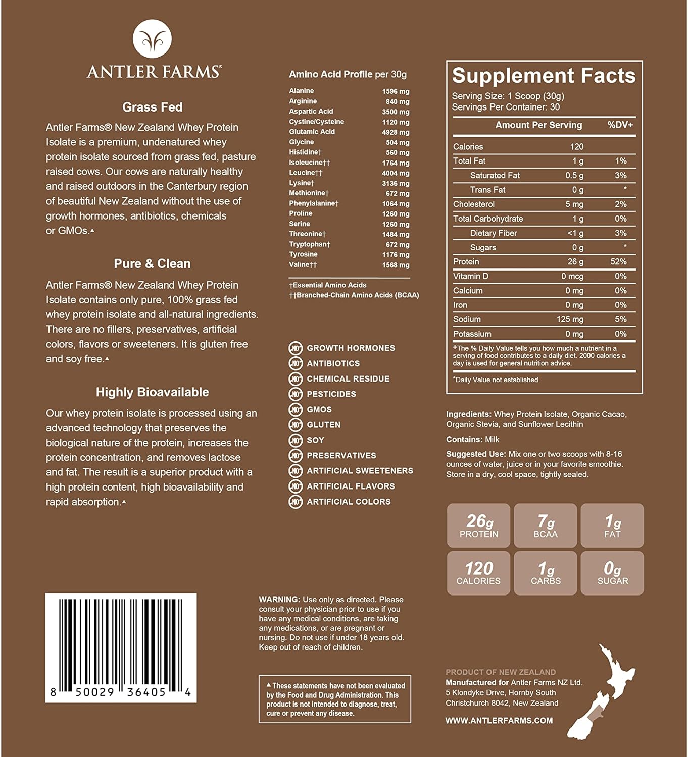 Antler Farms - 100% Grass Fed New Zealand Whey Protein Isolate, Chocolate Flavor, 30 Servings, 2 lbs - Delicious, Cold Processed, Rapidly Absorbed, Keto Friendly, NO-Hormones, NO-GMOs Pack of 2
