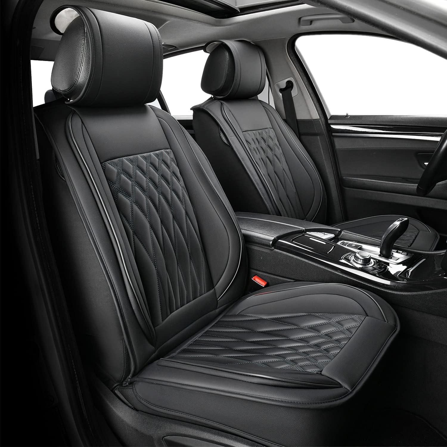 Sunny color 1 Pair Car Seat Cover, Leather Car Seat Covers Universal for Cars SUV Pick-up Truck Van Interior Accessories(Black+Gray)