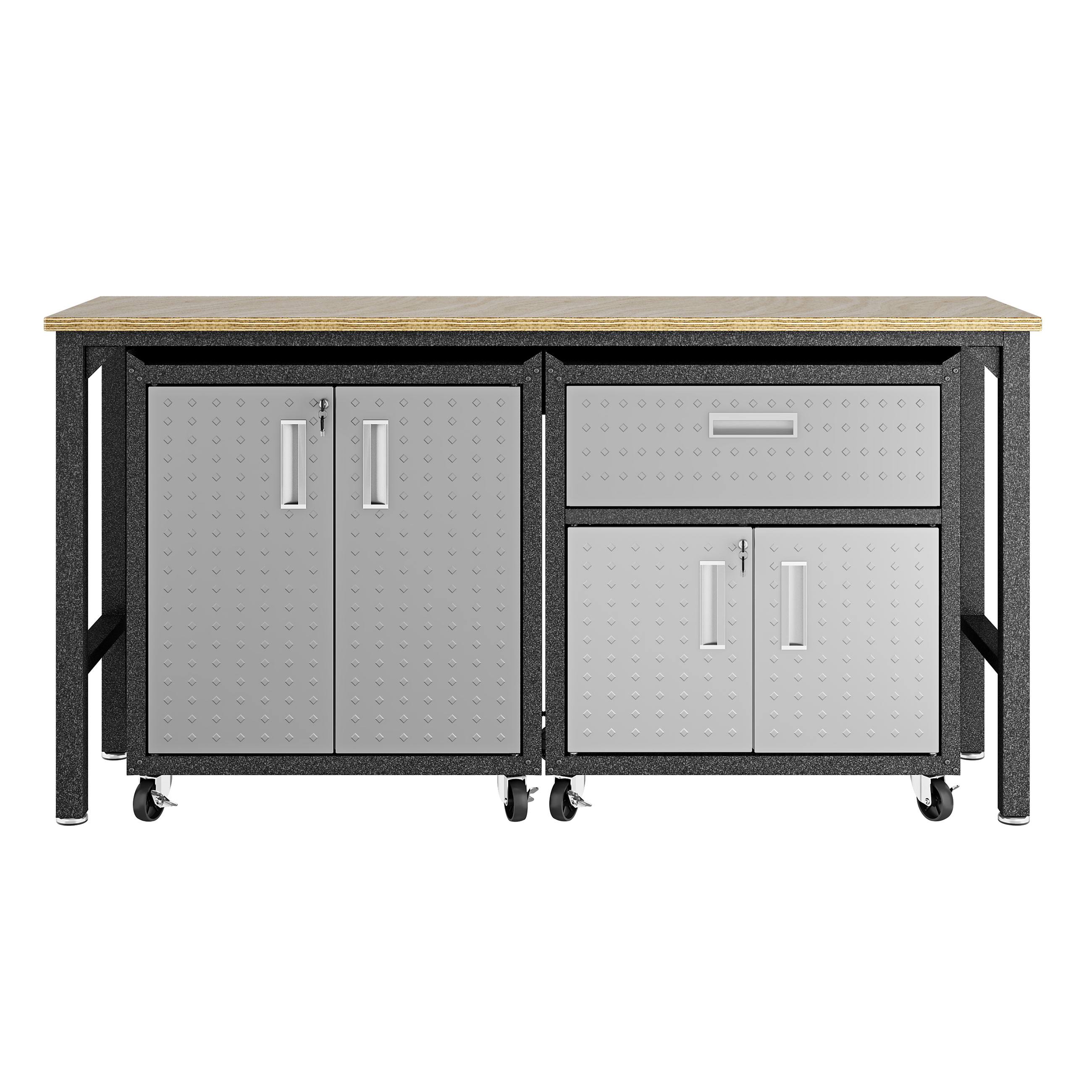 Manhattan Comfort 3-Piece Fortress Mobile Space-Saving Steel Garage Cabinet and WorkTable 2.0 in Grey