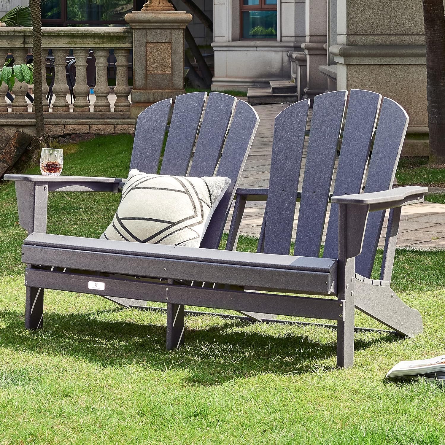 Ehomexpert All-Weather Outdoor Adirondack Chair Loveseat Double Patio Chair, HDPE Poly Lumber Classic Adirondack Bench for Fire Pit & Garden,Slate Grey
