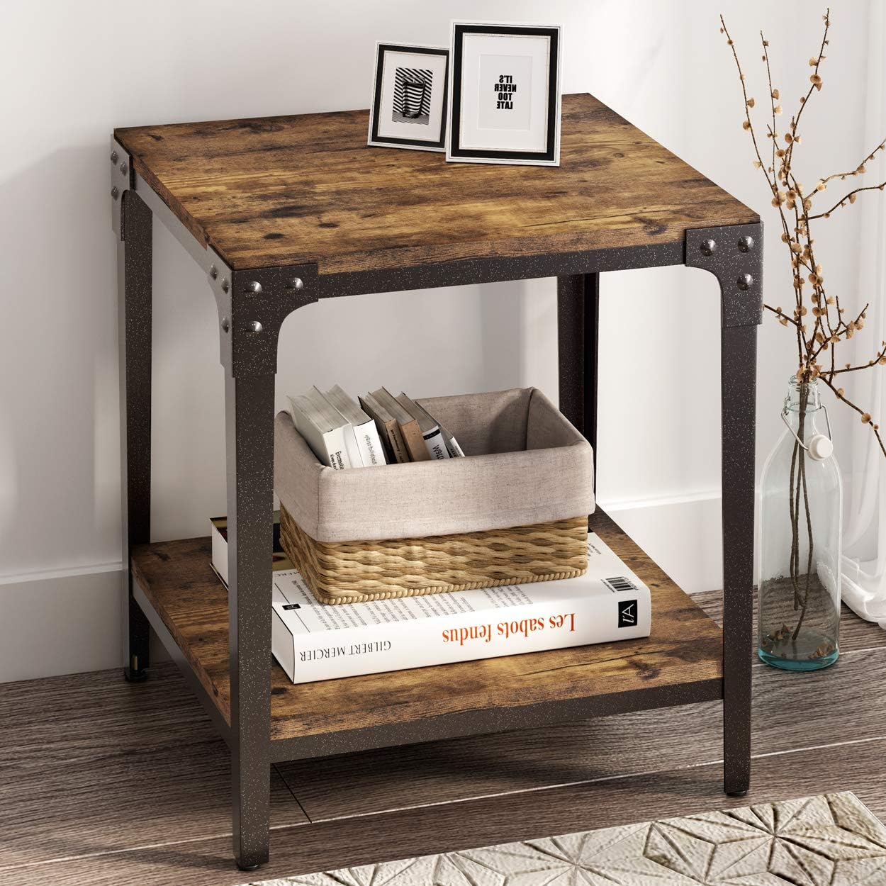 Allewie Rustic End Table with Storage Shelf for Living Room, Night Stand for Bedroom, 2-Tier Side Table with Rivet Design, Wood Look Accent Furniture, Sturdy, Easy Assembly, Rustic Dark Brown