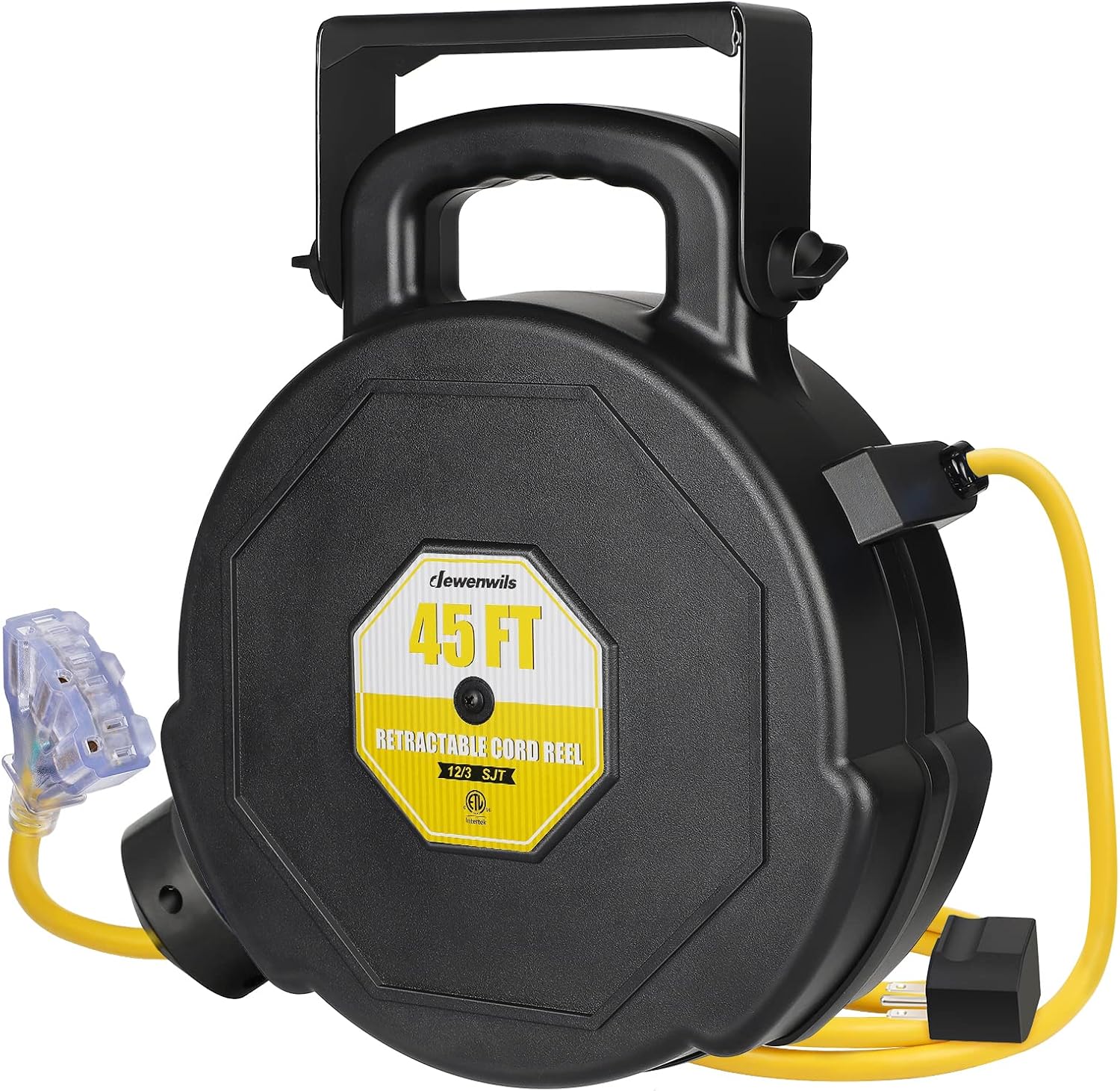 DEWENWILS Retractable Extension Cord Reel, 45FT Heavy Duty Power Cord, Electrical Cord Reel with Lighted Triple Tap, 12/3 SJT, 15A Circuit Breaker, Wall/Ceiling Mountable, Portable Handle, ETL Listed Pack of 2
