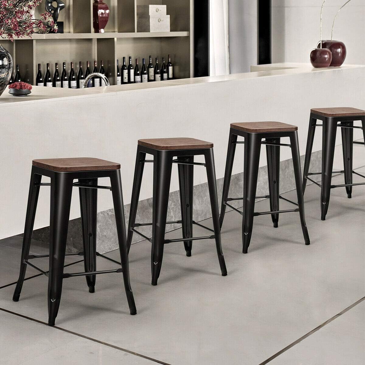 COSTWAY 26 inch Metal Bar Stool Set of 4, Counter Height Backless Stool with Wooden Seat, Solid Iron Legs with Footrest, Industrial Stackable Bar Stool for Dining Room, Living Room, Kitchen, Black (4)