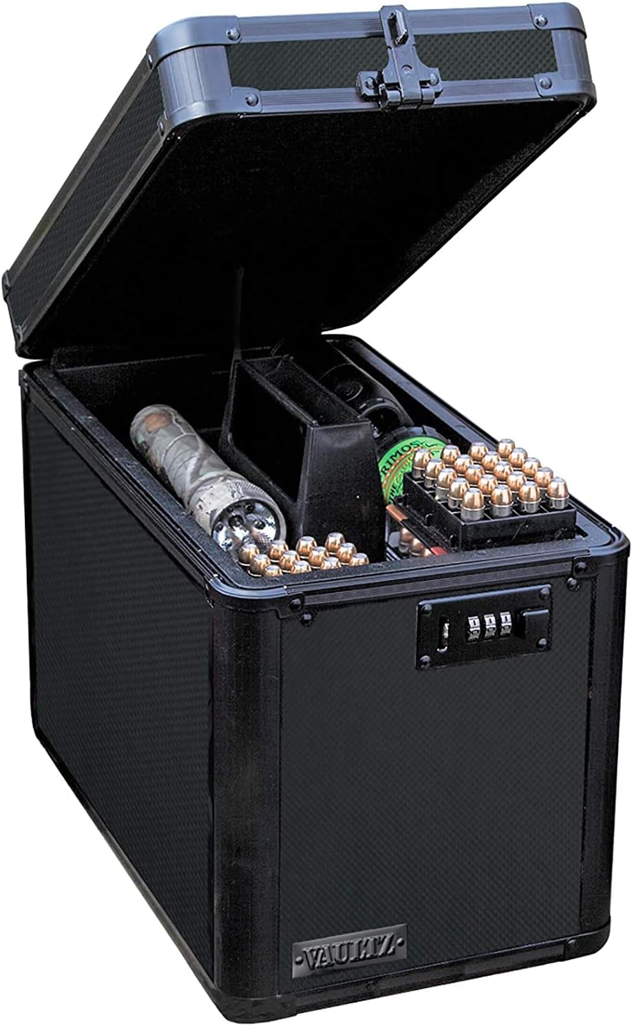 Vaultz Locking Ammo Crate - Metal Storage Box for Ammunition w/ Combination Lock and Tether - Large Utility Ammo Can - 10 x 7.88 x 14.25 Inches, Tactical Black