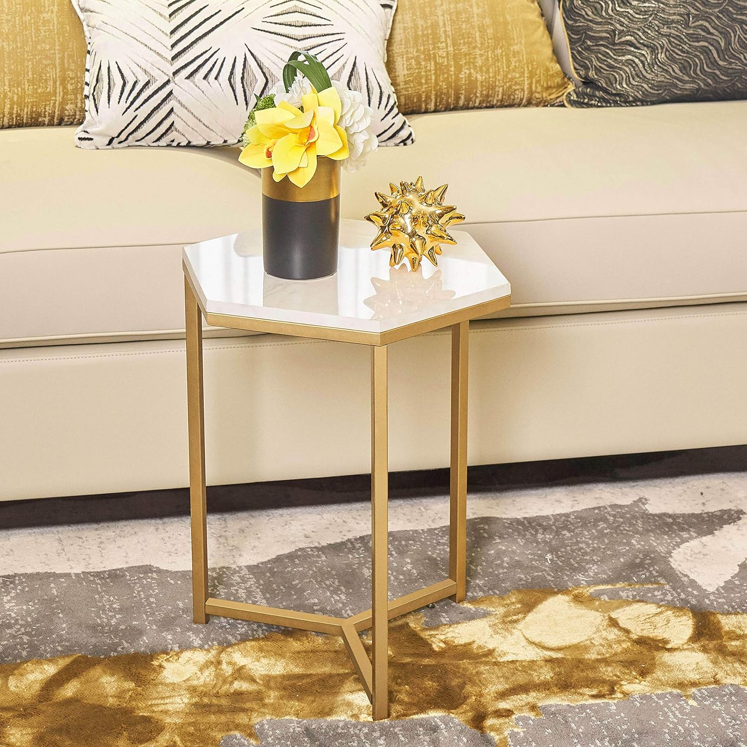 Hexagon Gold Accent Side End Table with Faux Marble Top for Living Room, White Nightstand for Home Office Small Space, 16''D x 20