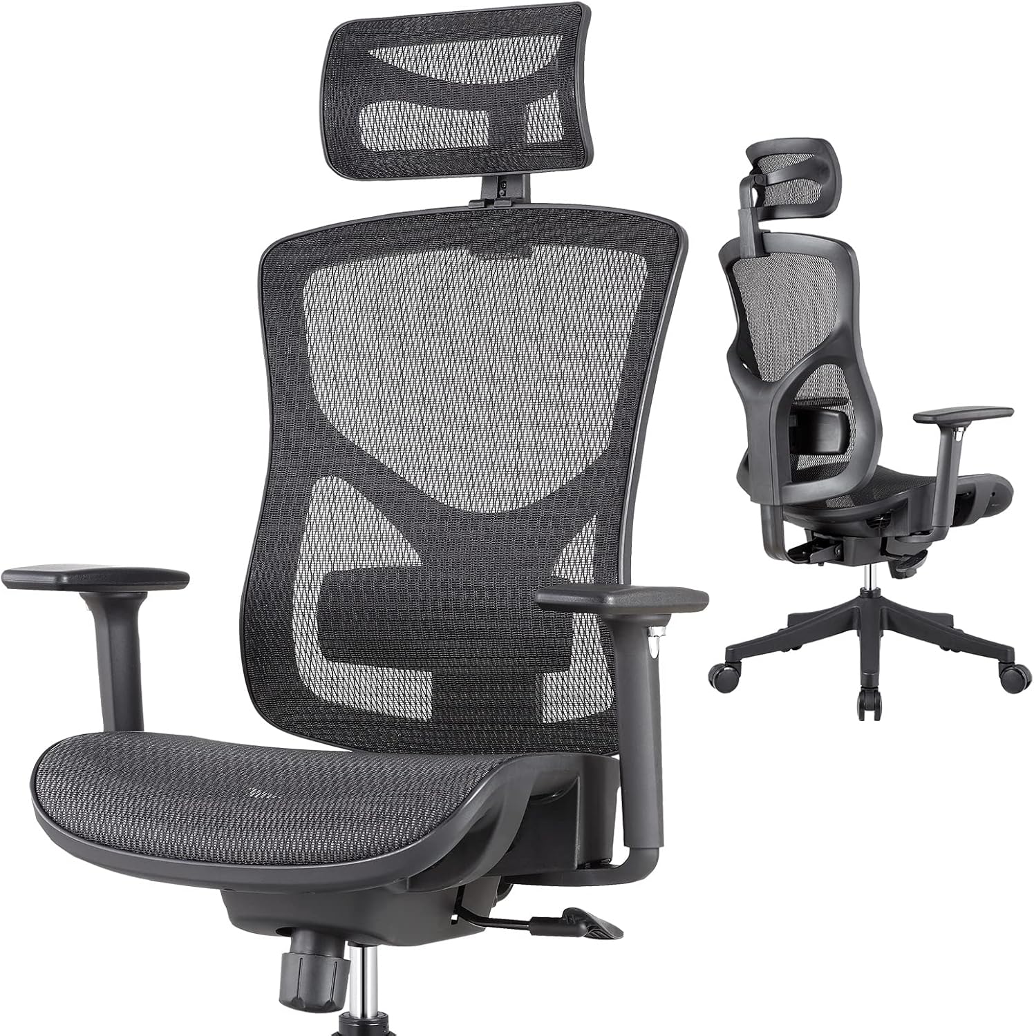 ERGOUP Home Office Chair, Adjustable Lumbar Support Chair Executive Mesh Desk Chair with Adjustable Headrest & 3D Armrest, Computer Chair with Tilt Function and PU Wheels (Black, No footrest)
