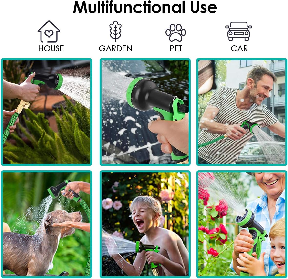 JSK Garden Hose - Lightweight No Kink Expandable Garden Hose 50FT with Superior Strength 3750D Fabric Flexible 3-Layers Latex Core 3/4 Inch Brass Connectors 9-Function Spray Nozzle Water Hose Pack of 2