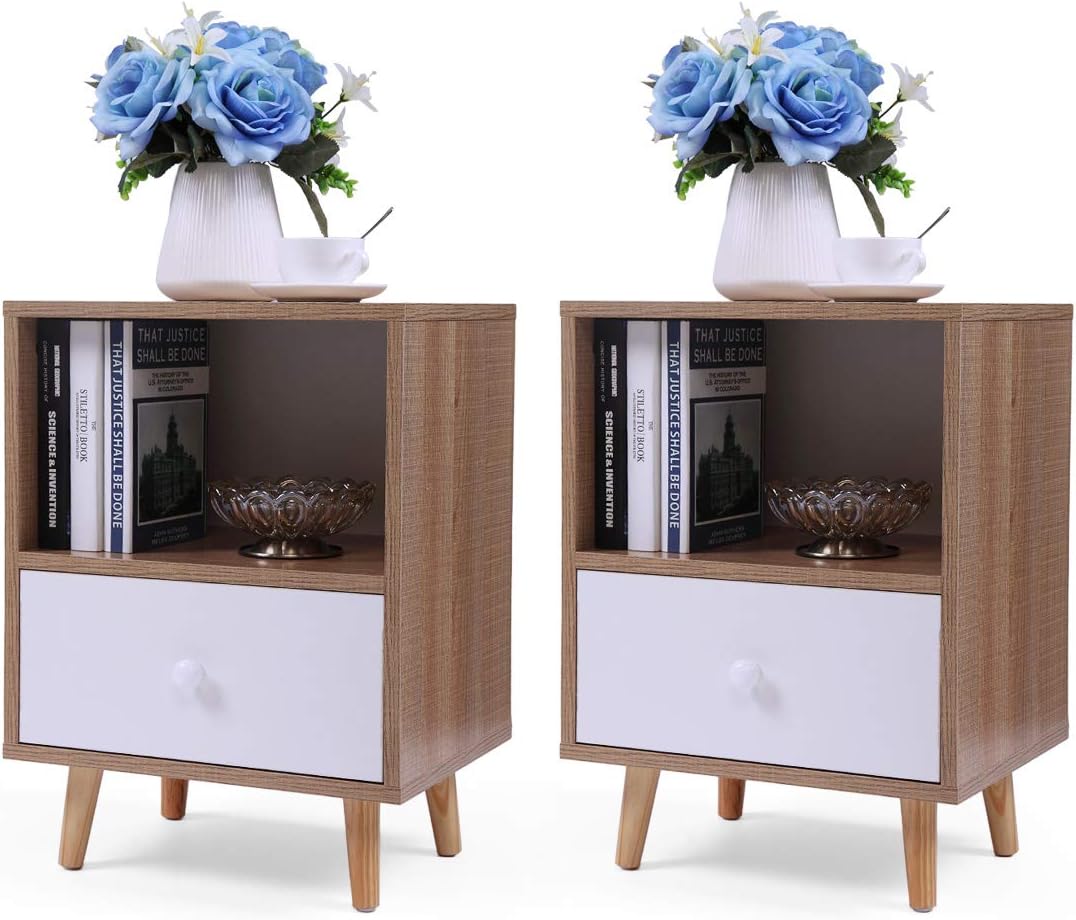 JAXPETY Set of 2 Modern Wood Nightstands w/Drawer, Open Shelf and Solid Wood Legs, End Table for Living Room Bedroom Home Furniture (2-Pack, Grey+White)
