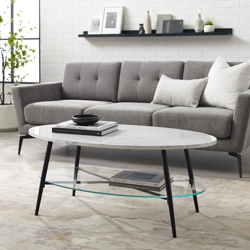 Welwick Designs 42 in. White Faux Marble Wood and Black Metal Glam Oval Coffee Table with Lower Glass Shelf