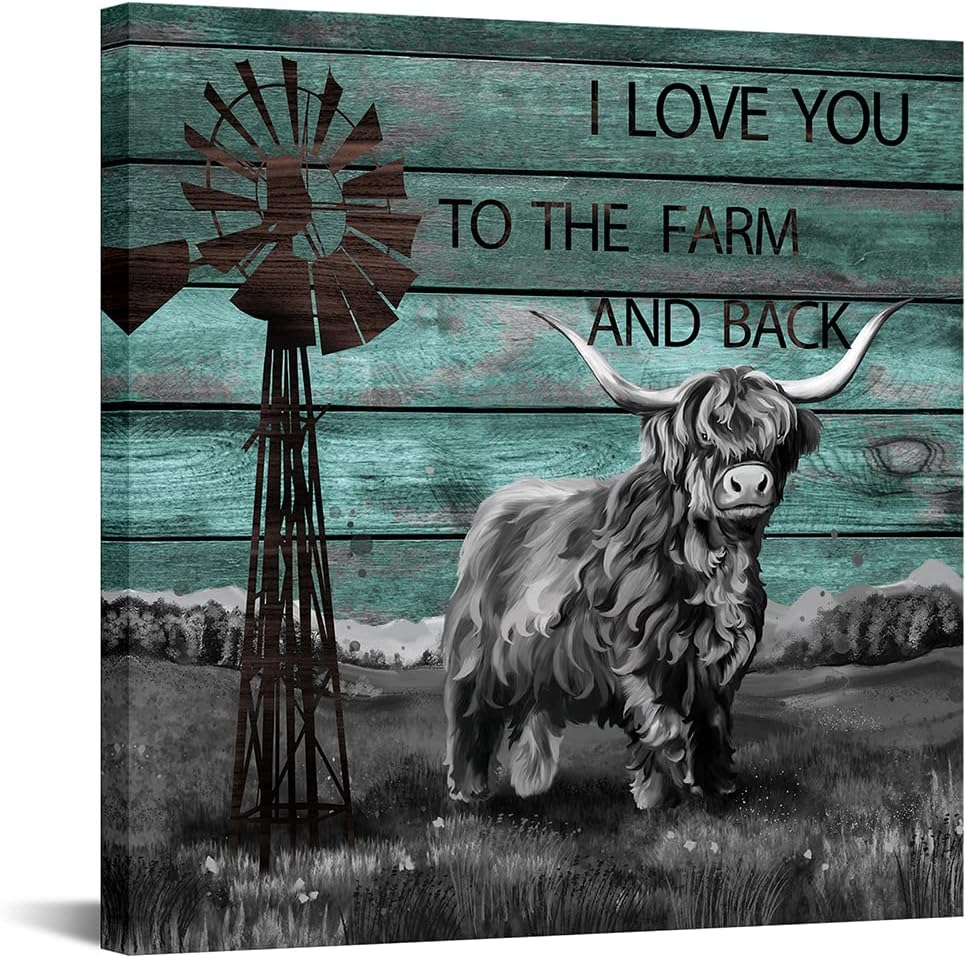 Canvbay Farmhouse Canvas Wall Art Cow Cattle Picture Print on Canvas Windmill Country Rustic Painting Artwork Motivational Quotes on Teal Wooden Background for Bathroom Wall Decoration Framed 24x24inch