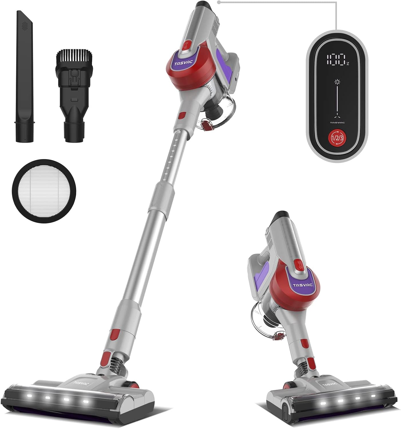 TASVAC Cordless Vacuum Cleaner Pet Hair-Stick Vacuum Carpet, Lightweight, Up to 50 Minutes Runtime, 5 Cyclone Filter for Hardwood Floor Carpet, Pet Hair Silver Red